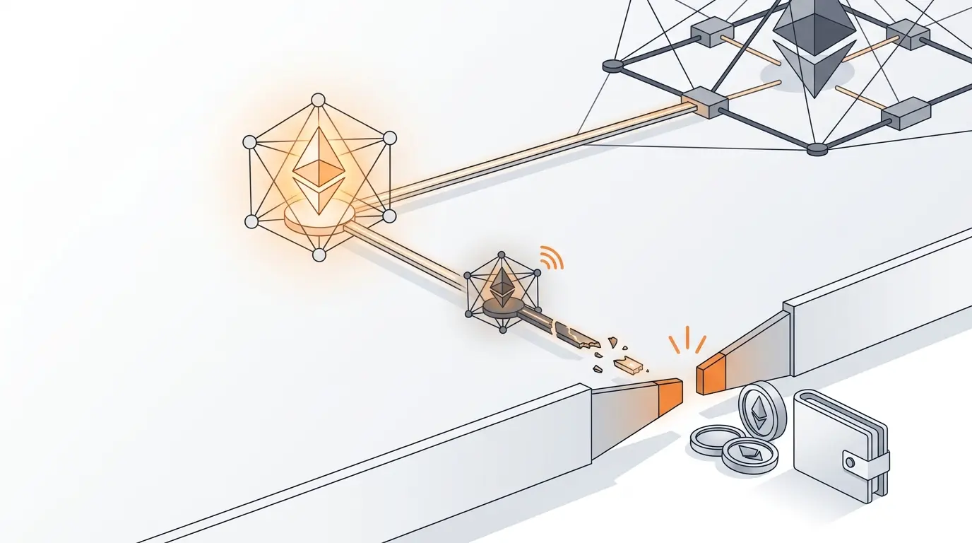 Ilustração de uma rede Ethereum menor sendo encerrada e ativos digitais presos antes do fechamento da ponte