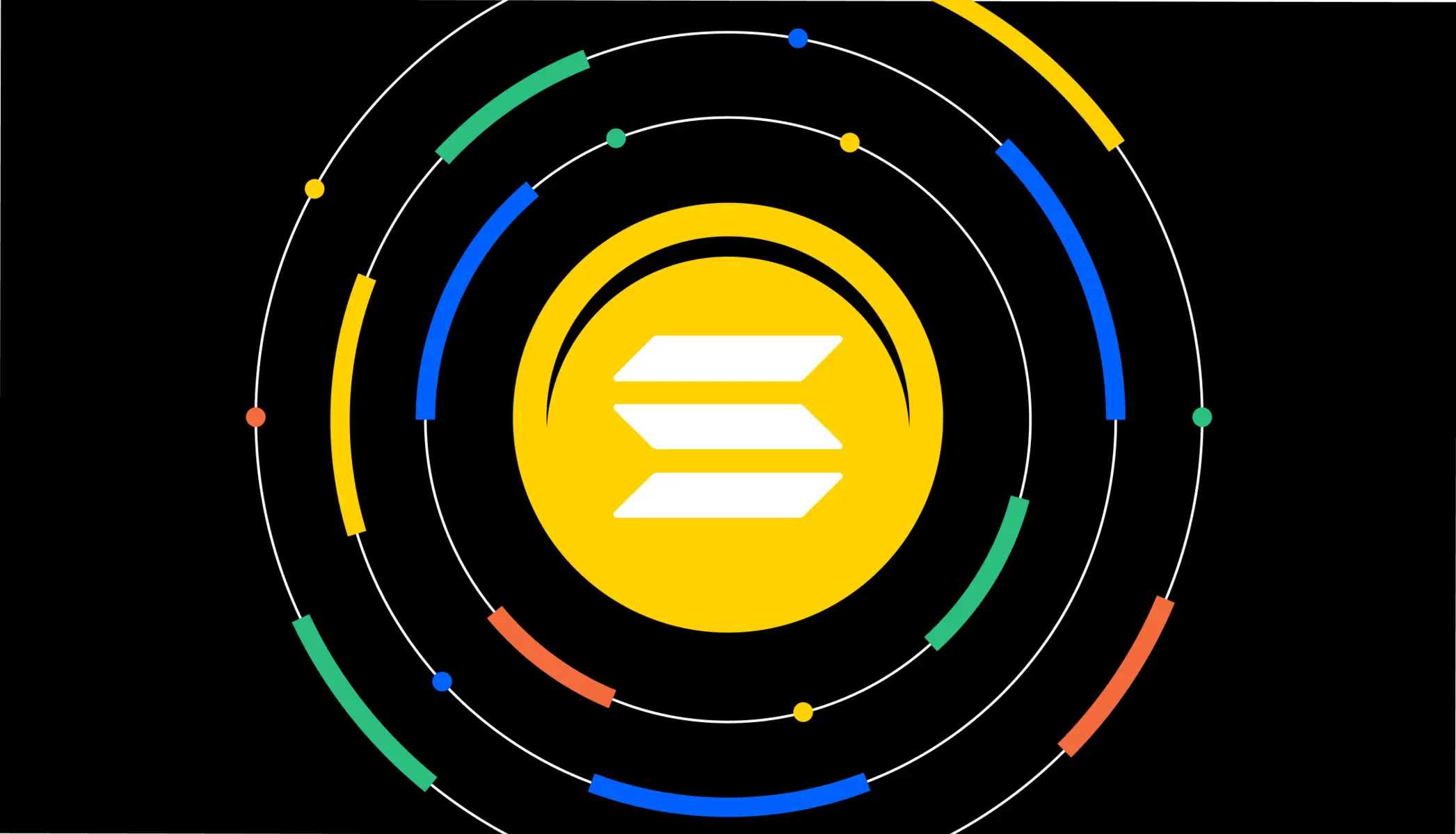 Solana logo centered within a futuristic circular digital graphic on a black background