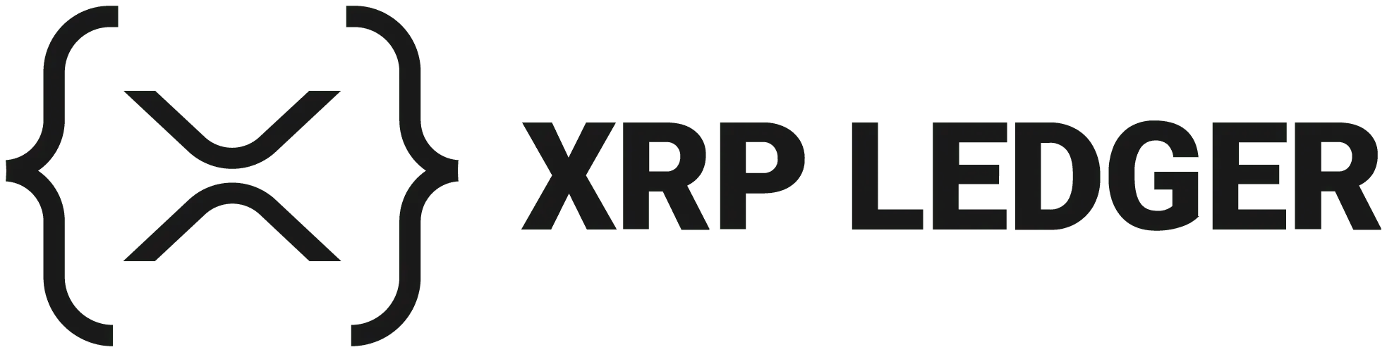 Logotipo do XRP Ledger, apresentando um símbolo estilizado entre chaves e o texto XRP LEDGER.