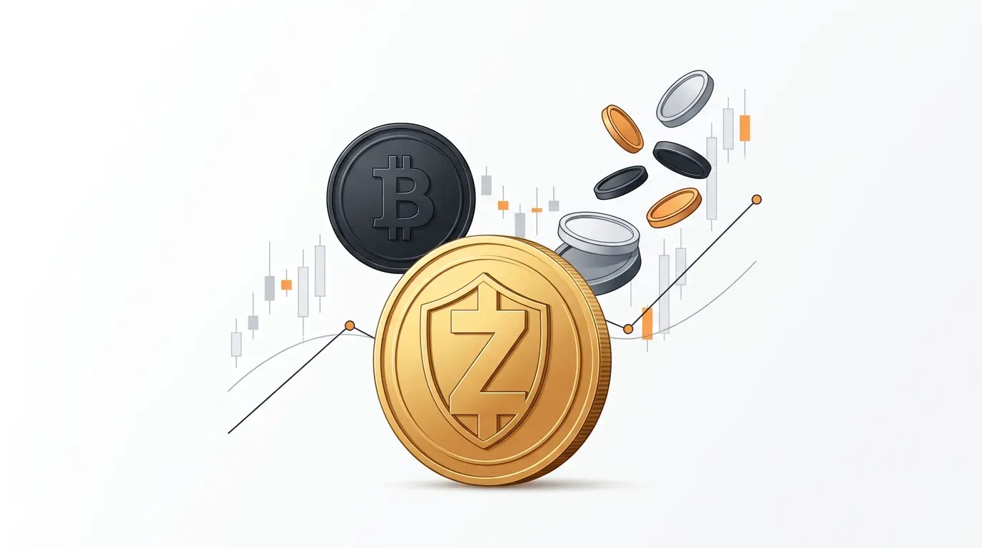 Moeda inspirada no Zcash em destaque entre ativos cripto e elementos abstratos de mercado de derivativos