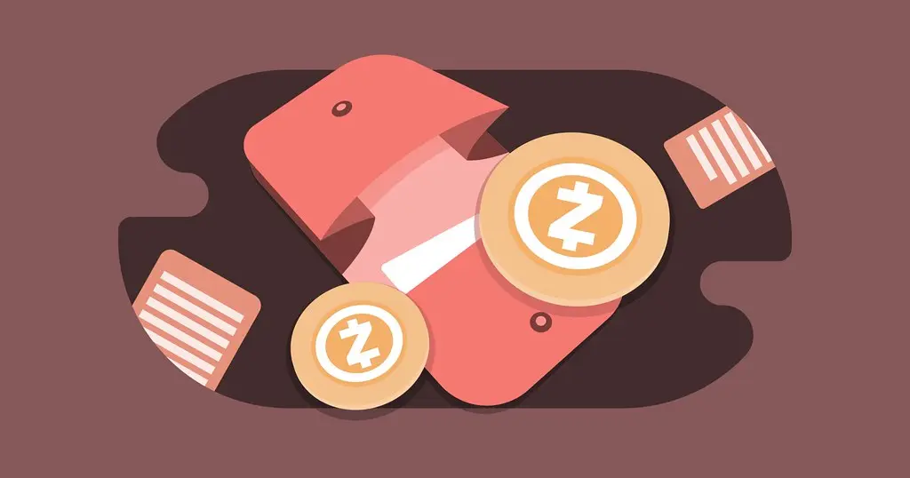 Ilustração de moedas com o logotipo do Zcash saindo de uma carteira vermelha.